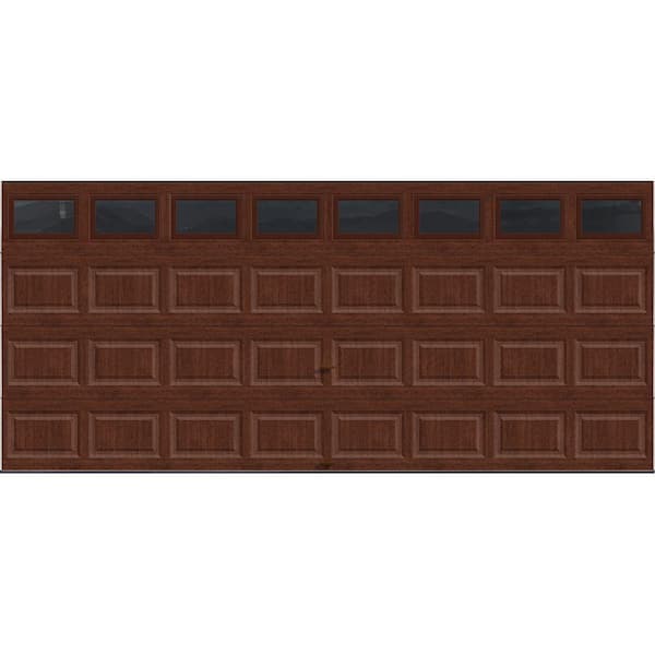 Classic Steel Short Panel 16ft x 7ft Insulated 12.9 R-Value Wood Look Cherry Garage Door with windows