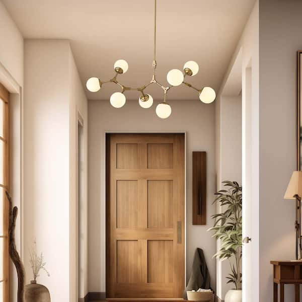 Lampadario Moderno Sputnik 5 Luci Oro Ottone - Vetro Latte, Regolabile, Mid Century