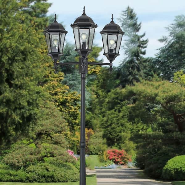Classical 8 ft. 3-Light Black Outdoor Lamp Post Light Fixture Set with Clear Glass