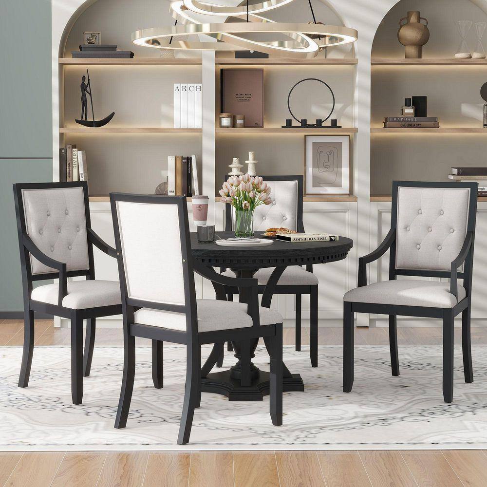Nestfair Retro 5-Piece Black Extendable Round Table Dining Set with 4 ...