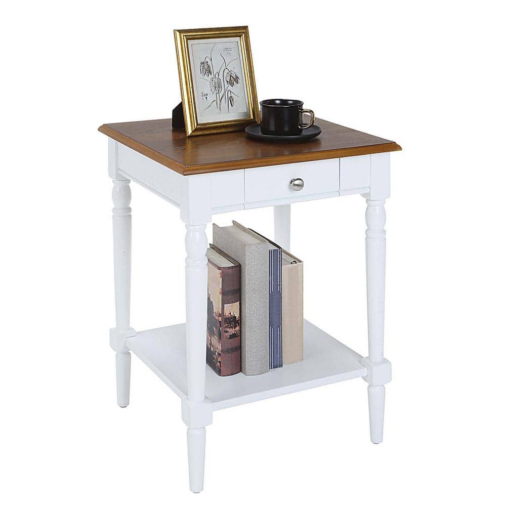 French Country Dark Walnut and White Wood End Table with Storage