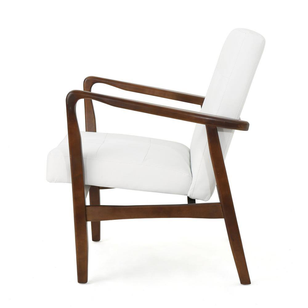White Leather Mid Century Modern Accent Chair with Birch Legs