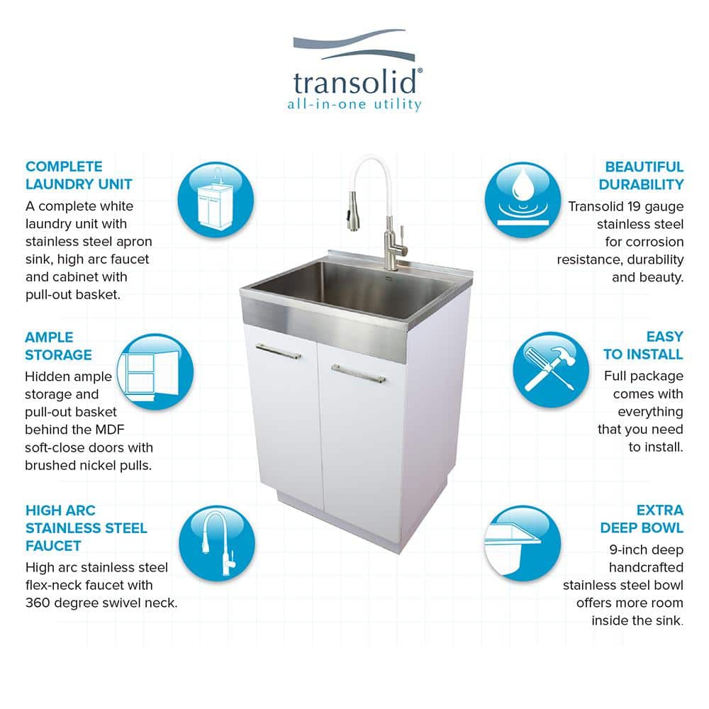 White Freestanding Farmhouse Laundry Cabinet with Stainless Steel Sink