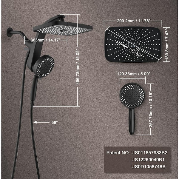 High Pressure Rain Series 1-Piece Shower Head Set with Fixed and Handheld Spray Combo in Black Finish