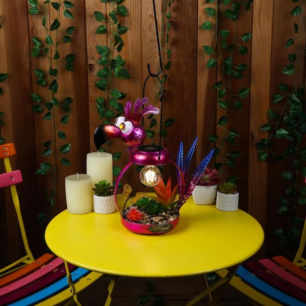 Alpine Corporation Solar Metal Pink Flamingo with Garden Enclosed