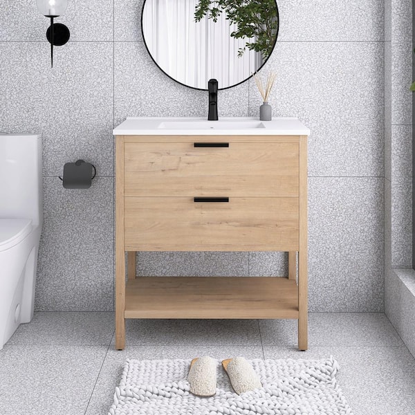 Unbranded 30 in. W x 18 in. D x 33 in. H Freestanding Single Sink Bath Vanity in Imitative Oak with Black Ceramic Top
