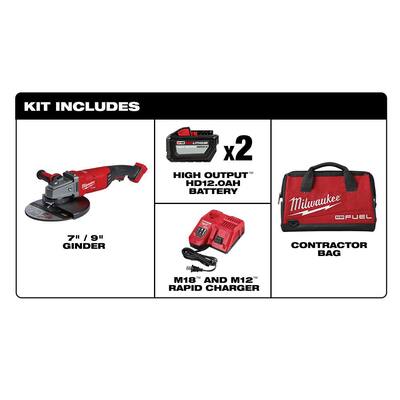 M18 FUEL 18-Volt Lithium-Ion Brushless Cordless 7/9 in. Grinder Kit W/ (2) 12.0Ah Batteries, Bag & Rapid Charger
