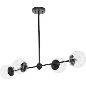 Atwell Collection 40 in. 4-Light Matte Black Mid-Century Modern Island Light Chandelier with Clear Glass Shade