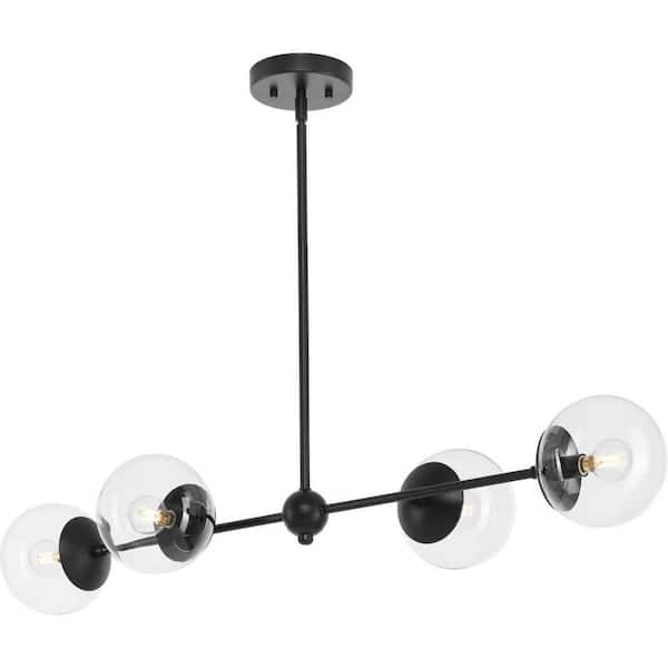 Progress Lighting Atwell Collection 40 in. 4-Light Matte Black Mid-Century Modern Island Light Chandelier with Clear Glass Shade