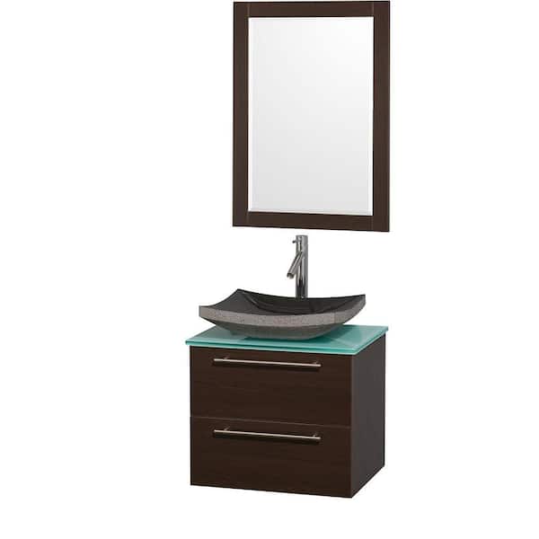 Wyndham Collection Amare 24 in. Vanity in Espresso with Glass Vanity Top in Aqua and Black Granite Sink