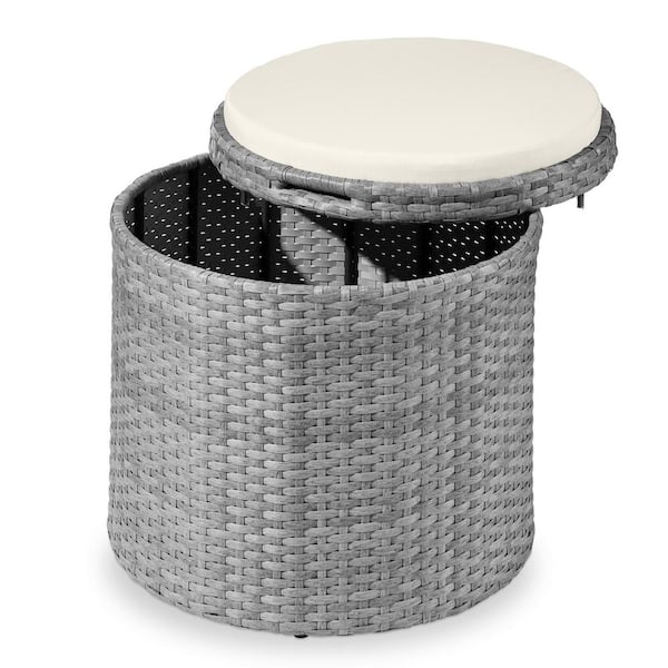 Gray Wicker Outdoor Ottoman with Cream Cushion 1 piece