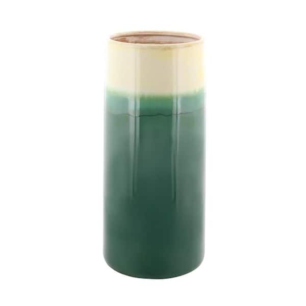 Litton Lane 16 in. Cylindrical Green and White Gradients Ceramic Decorative Vase