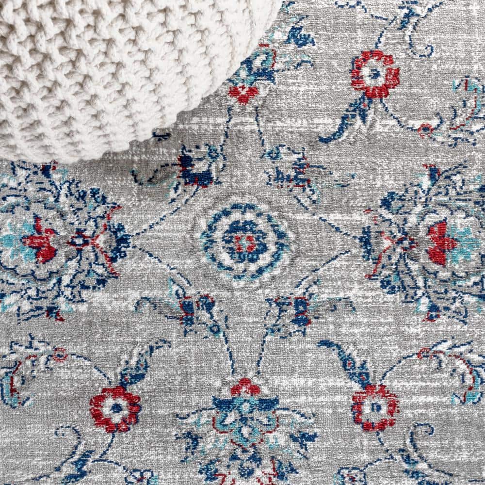 Elegant Light Grey and Red Floral Synthetic Area Rug