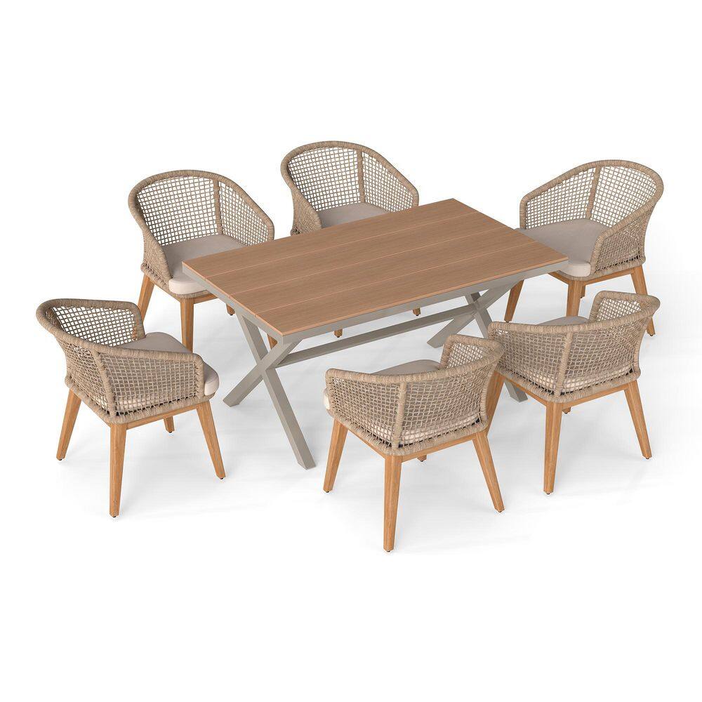 7-Piece Wicker & Wood Rectangular Outdoor Dining Set with Natural Beige Cushions, Fine Mesh Chair price history on PriceWatchPro