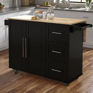 Black Extensible Solid Wood Tabletop 53.54 in. Kitchen Island with Drawers and Towel Rack