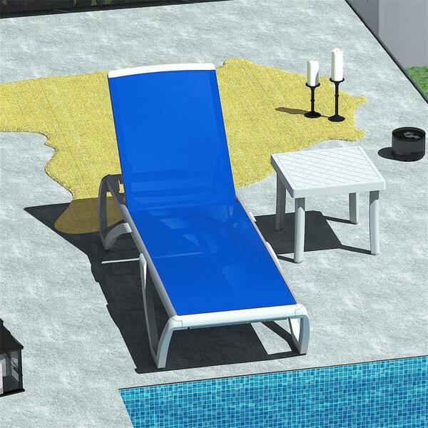 Cesicia Adjustable White Frame 1-Piece Metal Outdoor Chaise Lounge with Arm and Table in Blue