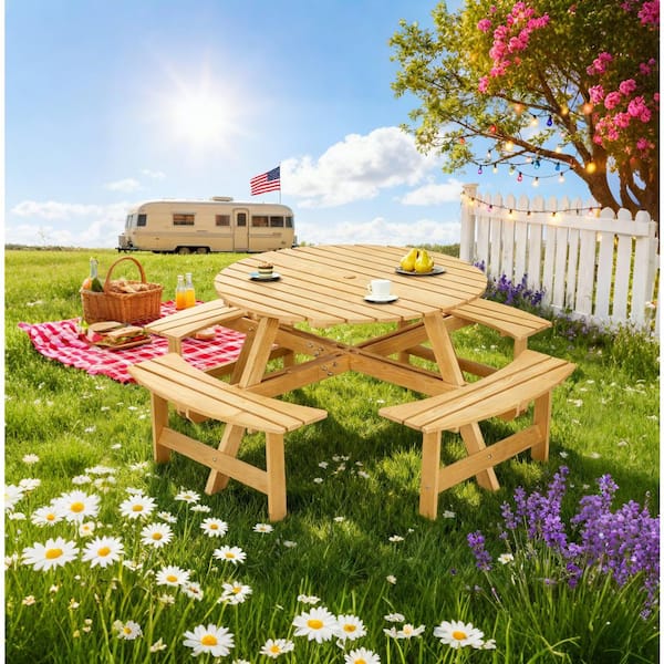 Unbranded 70 in. Natural Round 8-Person Wood Picnic Table with Built-in Benches and Umbrella Hole for Camping