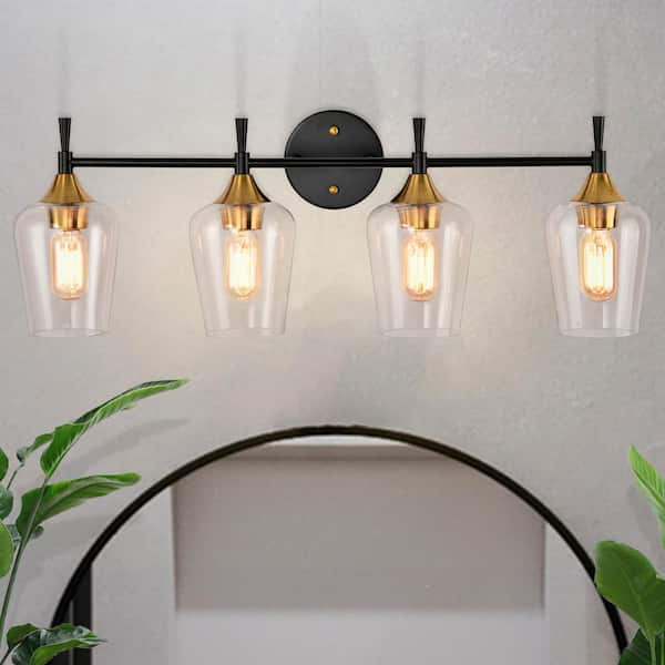 Edvivi Arlo 30 in. 4-Lights Black and Antique Brass Vanity Light with Clear Glass Shades