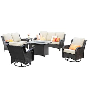 Amber 6-Piece Wicker Patio Rectangular Fire Pit Sets and Swivel Rocking Chairs with Beige Cushion