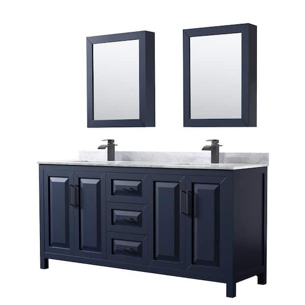 Wyndham Collection Daria 72 in. W x 22 in. D x 35.75 in. H Double Bath Vanity in Dark Blue with White Carrara Marble Top & Med Cab Mirrors