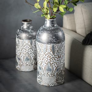 12.5 in. and 16 in. Gray Metal Baroque Printed Metal Vase (Set of 2)