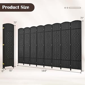 8-Panel Room Divider 6 ft. Tall Folding Privacy Screen with Solid Wood Frame Black