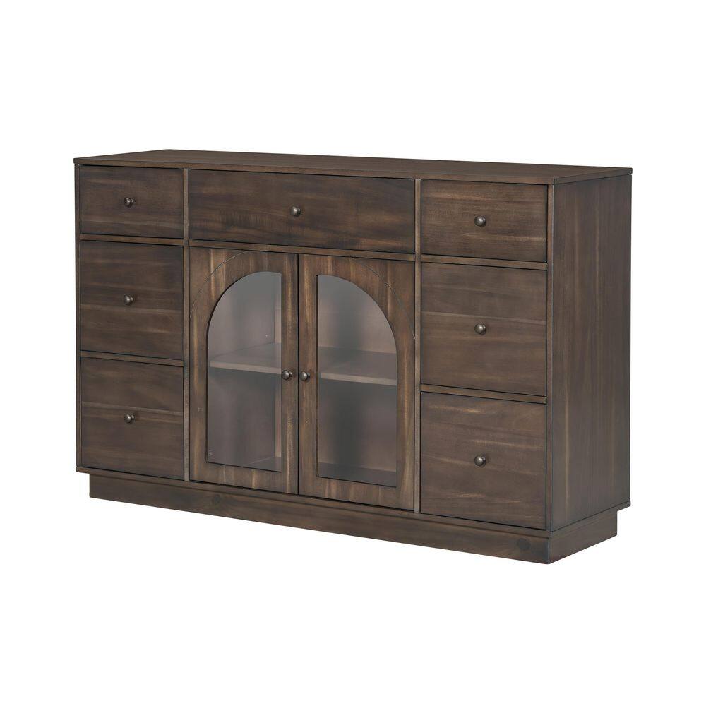 Luther Modern Dark Brown 35.8 in. H Sideboard Accent Storage Cabinet with Glass Doors, Adjustable Shelves, Drawers