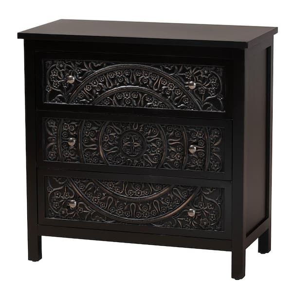Baxton Studio Yelena Black 3-Drawer Storage Cabinet