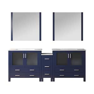 Volez 84 in. W x 18 in. D x 34 in. H Double Sink Bath Vanity in Navy Blue with White Ceramic Top and Mirror