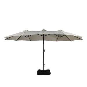 15 ft. Extra-Large Outdoor Market Double-Sided Patio Umbrella with Base and Solar LED in Beige