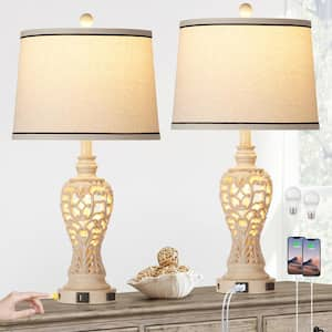 25.2 in. Beige Resin Table Lamp Set with USB, Type-C Ports and AC-Outlet (Set of 2)