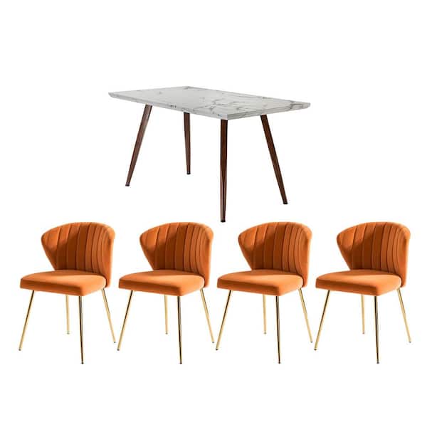 JAYDEN CREATION Olinto Orange 5-Piece Dining Set with Marble Desk