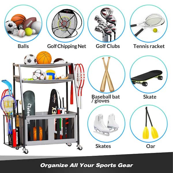 Sttoraboks 200 lbs. Capacity Sports Organizers Rack for Garage Storage, Sports Equipment Organizer with Bat Rack and Hooks, Black