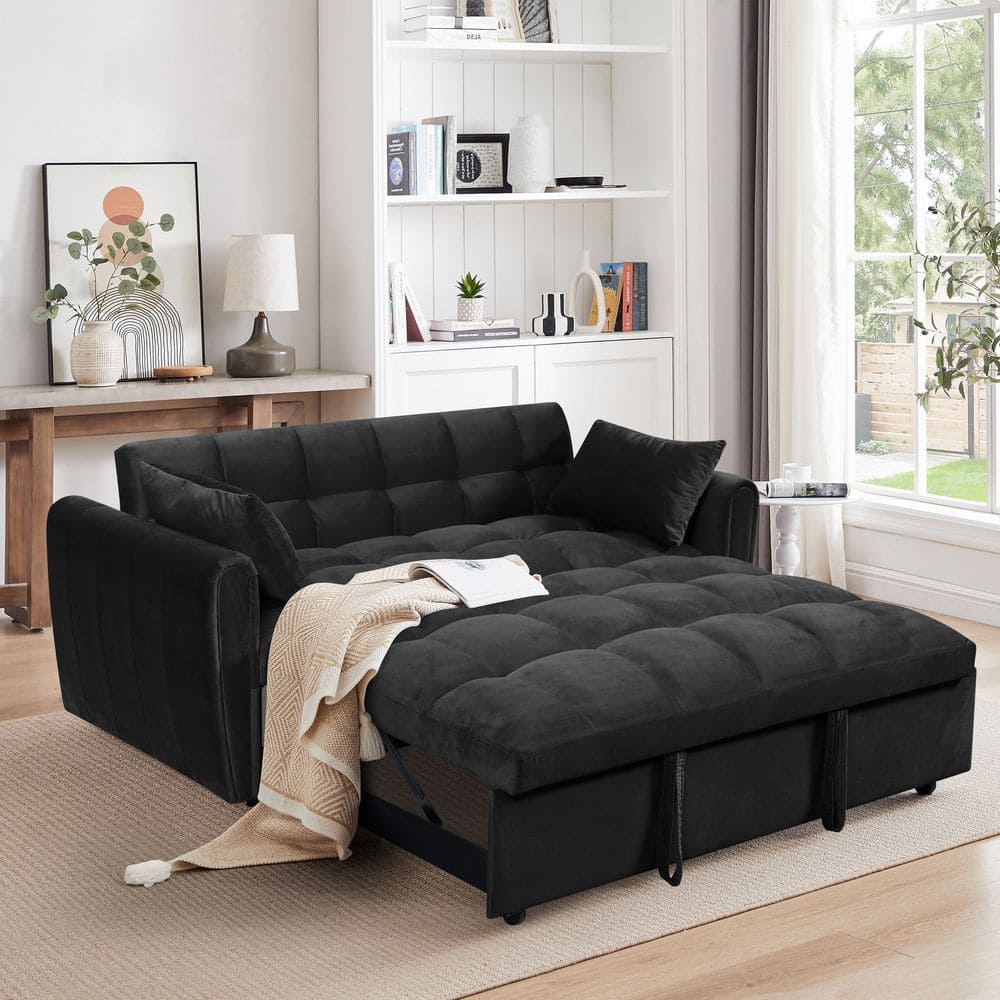 3-in-1 Foldable Sofa 65.0 in. Black Velvet Full Size Sofa Bed