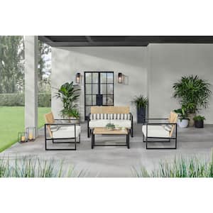 Sea Island Black 4-Piece Reinforced Aluminum Outdoor Conversation Set with Wicker Table and Natural White Cushions
