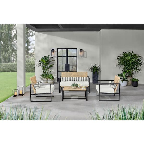 Home Decorators Collection Sea Island Black 4-Piece Reinforced Aluminum Outdoor Conversation Set with Wicker Table and Natural White Cushions
