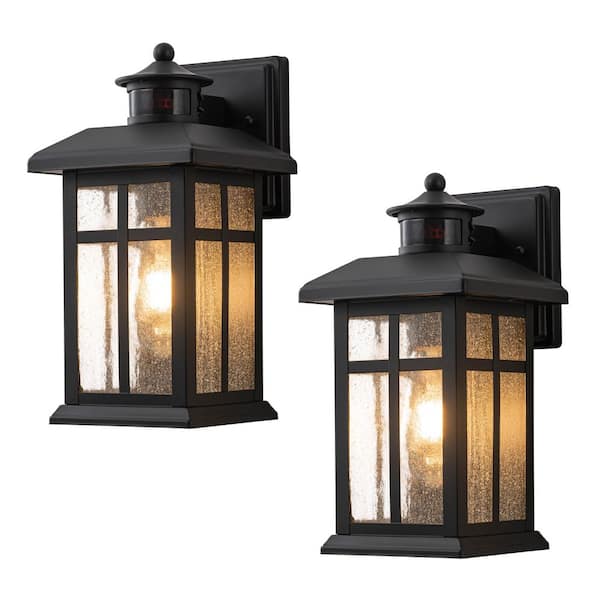 Black Motion Sensing Dusk to Dawn Outdoor Hardwired Wall Lantern Sconce with No Bulbs Included