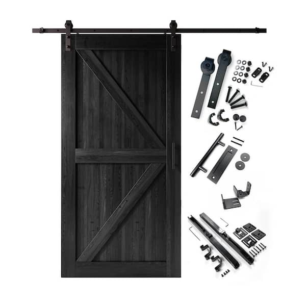 42 in. x 96 in. K-Frame Black Solid Pine Wood Interior Sliding Barn Door with Hardware Kit, Non-Bypass