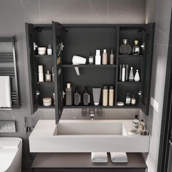 MEG 35 in. W x 28 in. H Rectangular Gray Aluminum Recessed/Surface Mount Medicine Cabinet with Mirror and LED﻿