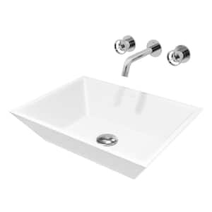 Matte Stone Vinca Composite Rectangular Vessel Bathroom Sink in White with Wall-Mount Faucet and Pop-Up Drain in Chrome