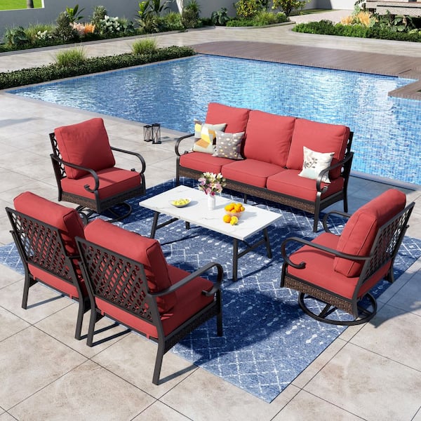 PHI VILLA 6-Piece Black Metal 7 Seats Outdoor Patio Conversation Set with Swivel Chair, Marbling Coffee Table and Red Cushions