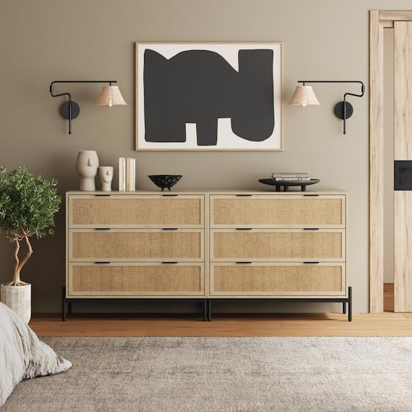 Nathan James Andrew Light Oak 3-Drawer 39 in. W Bohemian Dresser Storage Cabinet with Rattan Accent and Black Metal Legs, Set of 2