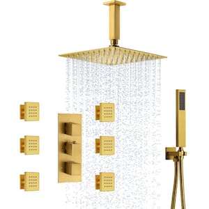 Luxury 3-Spray Patterns Thermostatic 12 in. Ceiling Mount Rainfall Shower Faucet and Dual Shower Heads with 6-Jet