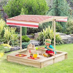 47in.L x 47in.W Kids Wooden Sandbox Adjustable Canopy Shade and Seat Game House Kids Gift Beach Outdoor Playset Backyard