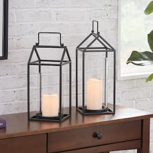 Black Metal and Glass Candle Hanging or Tabletop Lantern (Set of 2)