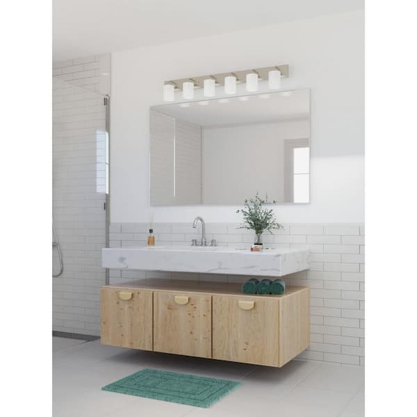 Merry Collection 48 in. 6-Light Brushed Nickel and Etched Glass Transitional Style Bath Vanity Wall Light