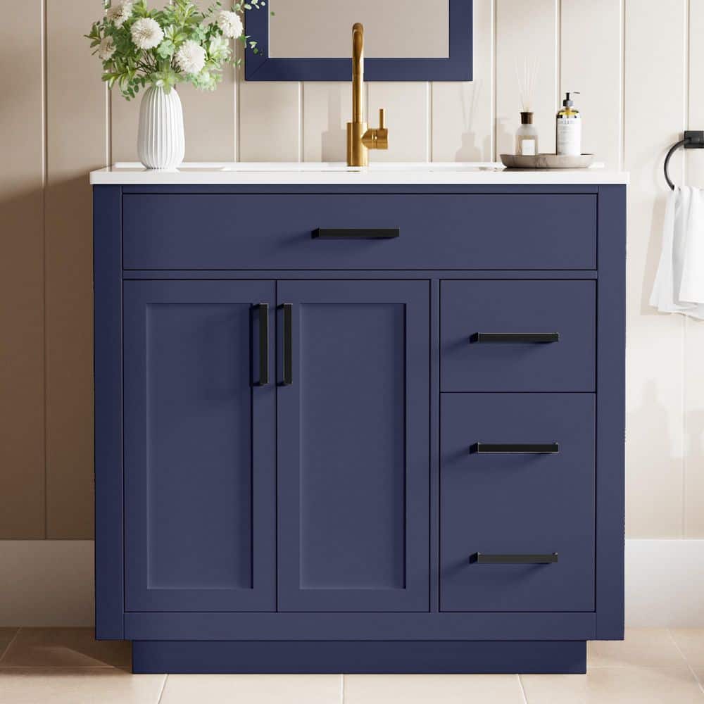 JEAREY 36 in. Navy Wood Single Sink Freestanding Bathroom Vanity