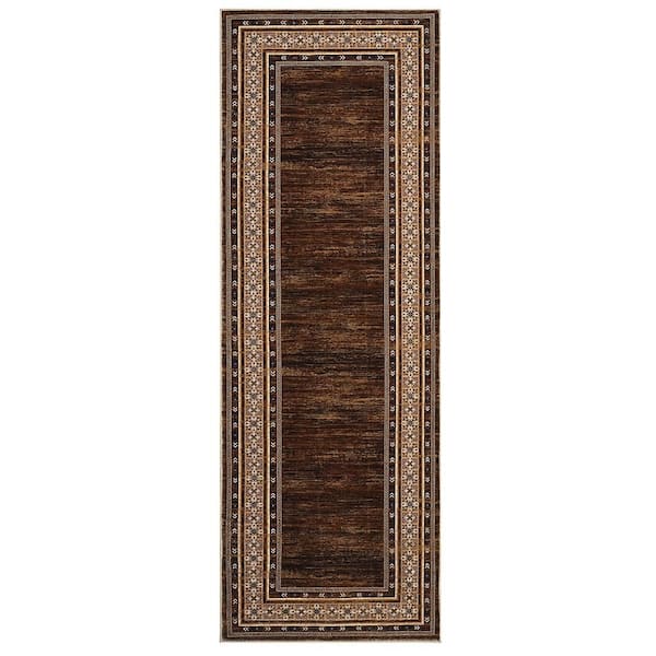 Red‑Brown 2 ft. x 6 ft. Washable Bordered Runner Rug, Non Slip Low Pile Stain Resistant Rug for Hallway, Entryway