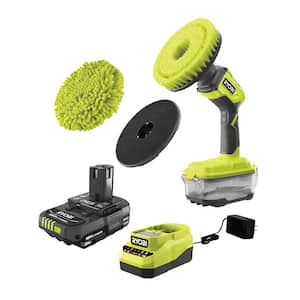 ONE+ 18V Cordless Compact Power Scrubber Kit with 2.0 Ah Battery, Charger, and 6 in. 2-Piece Knit Microfiber Kit