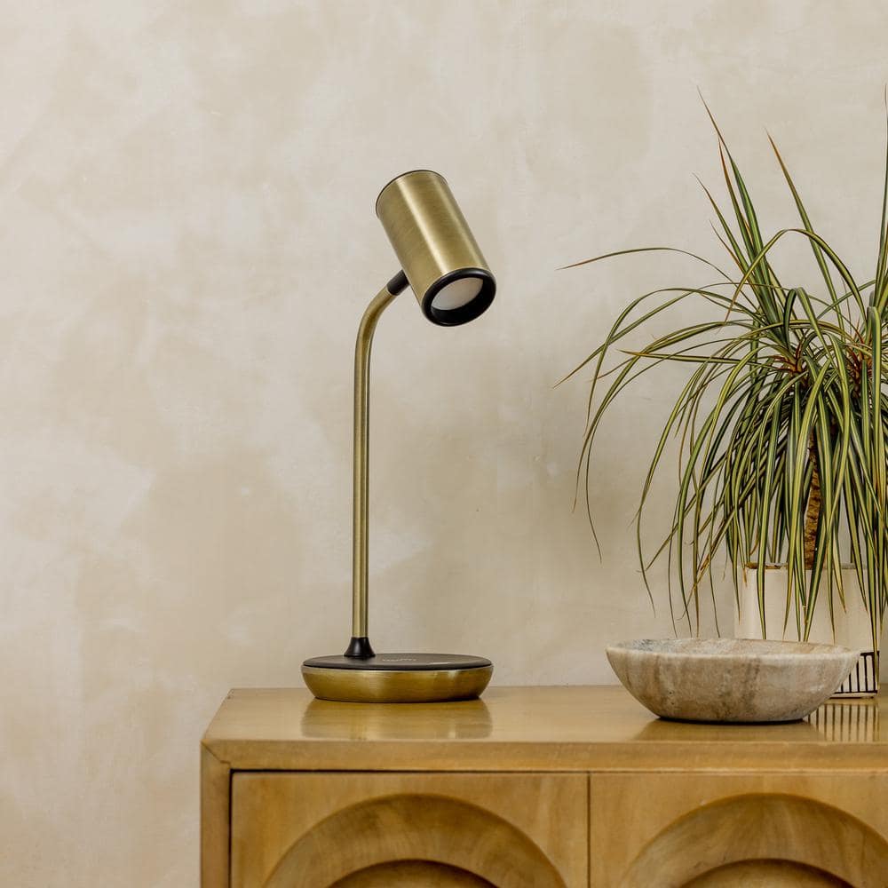 Ezra Antique Brass Adjustable LED Desk Lamp with Wireless Charging Pad